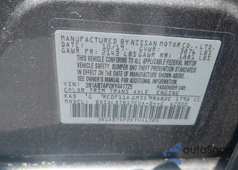 2019 Nissan Sentra Sv from USA, damaged, VIN 3N1AB7AP2KY441725